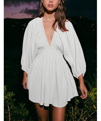 Women's Sexy Long Sleeve V Neck Tunic Dress Casual Loose Flowy Mini Swing Shift Dresses White $22.22 Dresses