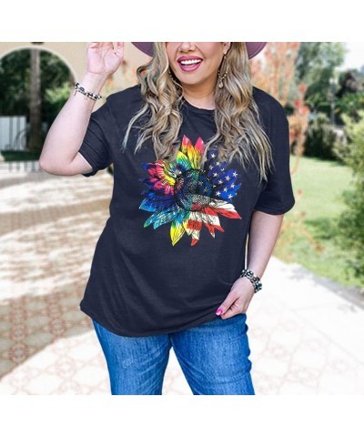 Womens Plus Size Tops Casual Daisy Graphic T Shirts Short/Bell Sleeve Loose Summer Blouse D-dark Blue2 $11.54 Blouses