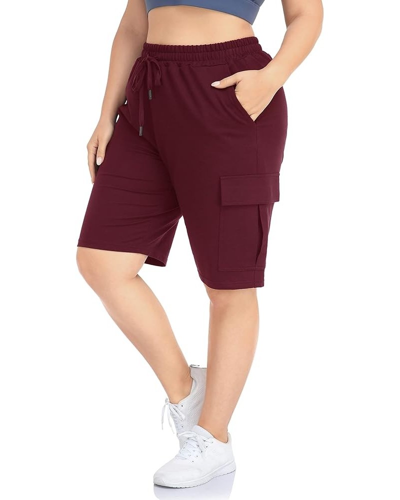 Women's Plus Size Cargo Sweat Shorts Active Summer Workout Walking Athletic Shorts with Pockets Wine Red $13.95 Activewear