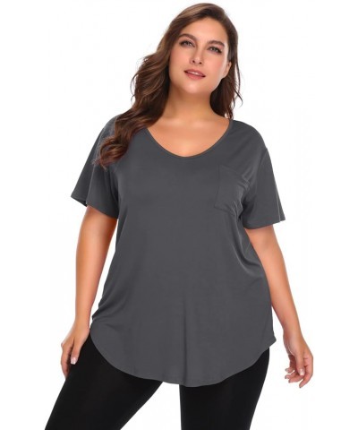 Women Plus Size V-Neck Tunic Tops Loose T Shirt with Pocket Deep Gray $11.79 Tops