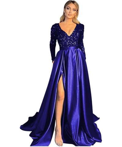 V Neck Sequin Evening Gowns Long Sleeve Satin Ball Gown Prom Dresses High Slit Formal Dresss for Women Black Royal Blue $49.0...