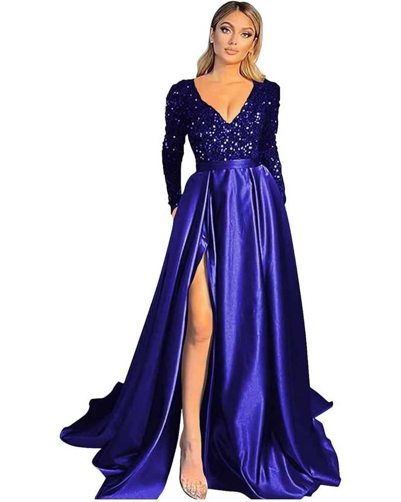 V Neck Sequin Evening Gowns Long Sleeve Satin Ball Gown Prom Dresses High Slit Formal Dresss for Women Black Royal Blue $49.0...