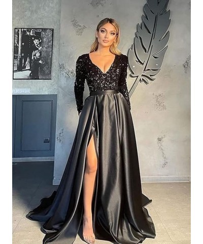 V Neck Sequin Evening Gowns Long Sleeve Satin Ball Gown Prom Dresses High Slit Formal Dresss for Women Black Royal Blue $49.0...