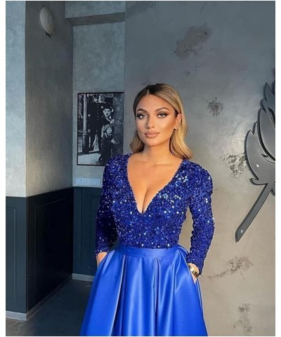 V Neck Sequin Evening Gowns Long Sleeve Satin Ball Gown Prom Dresses High Slit Formal Dresss for Women Black Royal Blue $49.0...