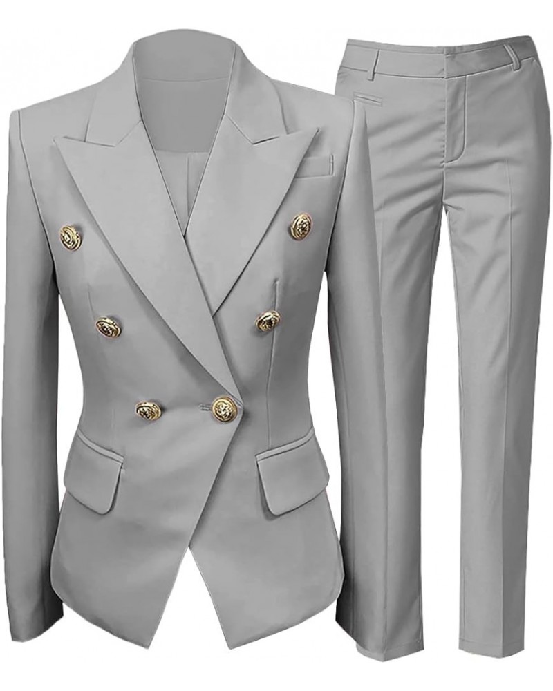 Womens Formal Blazer Two Piece Business Peak Lapel Solid Blazer Pant Suit Set for Work Professional Silver Grey $33.95 Suits