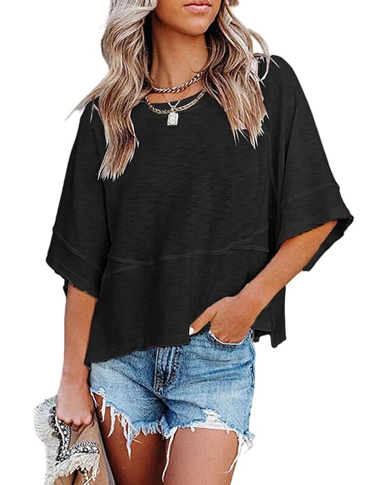 Women's Fashion Casual T Shirt Round Collar 3/4 Sleeve Plain Color Tees Summer Tops Blouses Black $13.99 Tops