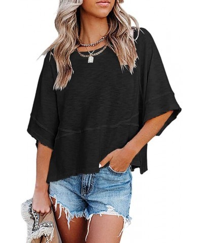 Women's Fashion Casual T Shirt Round Collar 3/4 Sleeve Plain Color Tees Summer Tops Blouses Black $13.99 Tops