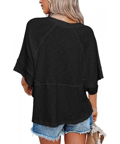 Women's Fashion Casual T Shirt Round Collar 3/4 Sleeve Plain Color Tees Summer Tops Blouses Black $13.99 Tops