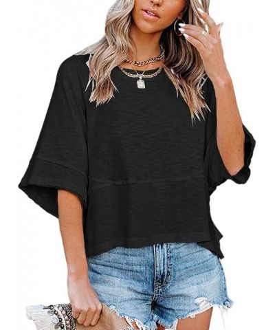 Women's Fashion Casual T Shirt Round Collar 3/4 Sleeve Plain Color Tees Summer Tops Blouses Black $13.99 Tops