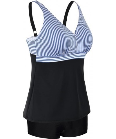 Women's Two Piece Swimsuit V Neck Tankini Bathing Suit for Big Bust Plus Size Swimwear with Boy Short Blue Stripe $13.76 Swim...