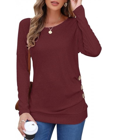 Women's Casual Long Sleeve Round Neck Loose Tunic T Shirt Blouse Tops Wine Red $12.25 Tops