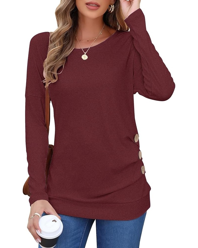 Women's Casual Long Sleeve Round Neck Loose Tunic T Shirt Blouse Tops Wine Red $12.25 Tops