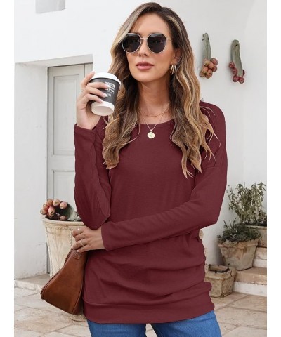 Women's Casual Long Sleeve Round Neck Loose Tunic T Shirt Blouse Tops Wine Red $12.25 Tops