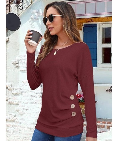 Women's Casual Long Sleeve Round Neck Loose Tunic T Shirt Blouse Tops Wine Red $12.25 Tops