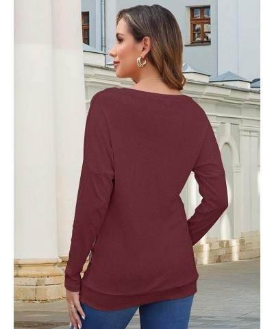 Women's Casual Long Sleeve Round Neck Loose Tunic T Shirt Blouse Tops Wine Red $12.25 Tops