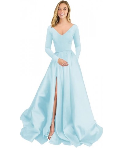 Long Sleeve Velvet Prom Dresses V Neck A-Line Formal Gowns Satin Evening Dress with Pockets Sky Blue $37.40 Dresses