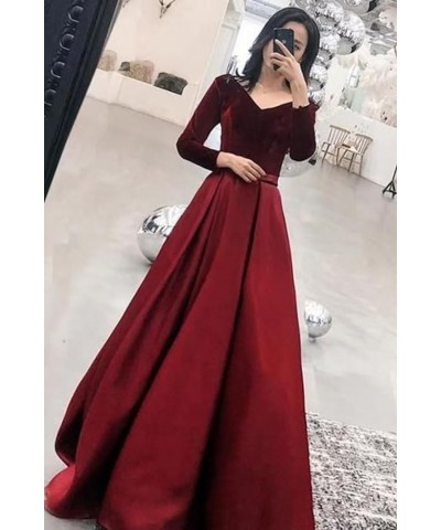 Long Sleeve Velvet Prom Dresses V Neck A-Line Formal Gowns Satin Evening Dress with Pockets Sky Blue $37.40 Dresses