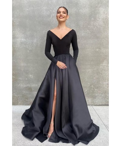 Long Sleeve Velvet Prom Dresses V Neck A-Line Formal Gowns Satin Evening Dress with Pockets Sky Blue $37.40 Dresses