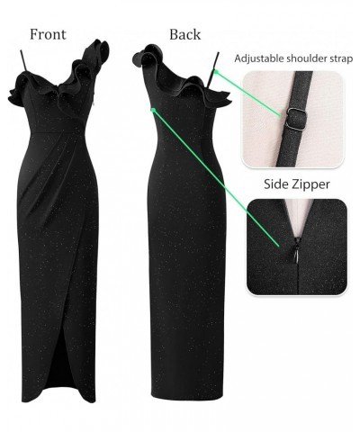 Womens Ruffle One Shoulder Strap Ruched Prom Formal Wedding Maxi Dress 2023 Sexy Faux Wrap Split Cocktail Evening Gown Sparkl...