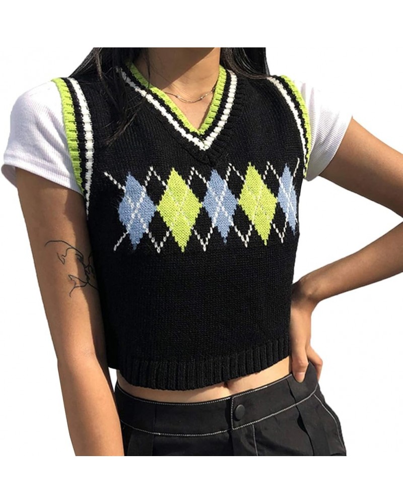 Women's Knit Sweater Vest Argyle Sweater Vest Retro Plaid Vest Top for Teen Girls Trendy Black&green $14.55 Sweaters