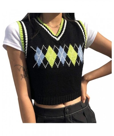 Women's Knit Sweater Vest Argyle Sweater Vest Retro Plaid Vest Top for Teen Girls Trendy Black&green $14.55 Sweaters