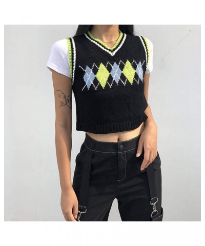 Women's Knit Sweater Vest Argyle Sweater Vest Retro Plaid Vest Top for Teen Girls Trendy Black&green $14.55 Sweaters