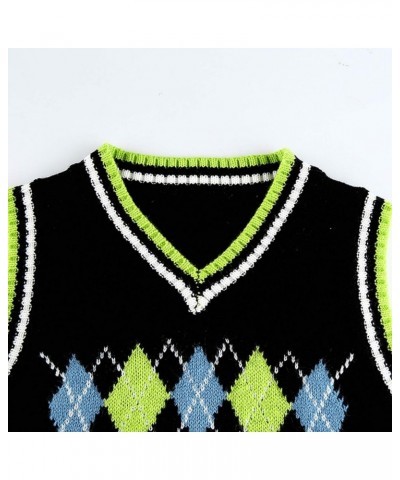 Women's Knit Sweater Vest Argyle Sweater Vest Retro Plaid Vest Top for Teen Girls Trendy Black&green $14.55 Sweaters