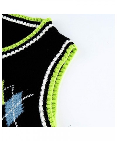 Women's Knit Sweater Vest Argyle Sweater Vest Retro Plaid Vest Top for Teen Girls Trendy Black&green $14.55 Sweaters