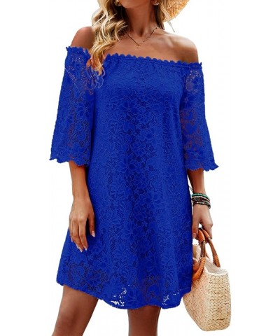 Womens Summer Dresses Off The Shoulder Crochet Lace Casual Loose Flowy Shift Dress Short Sundresses Royal Blue 02 $16.49 Dresses