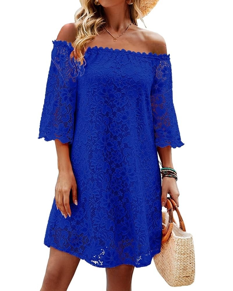 Womens Summer Dresses Off The Shoulder Crochet Lace Casual Loose Flowy Shift Dress Short Sundresses Royal Blue 02 $16.49 Dresses