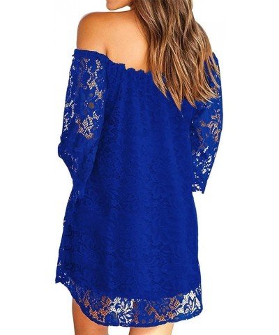 Womens Summer Dresses Off The Shoulder Crochet Lace Casual Loose Flowy Shift Dress Short Sundresses Royal Blue 02 $16.49 Dresses