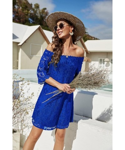 Womens Summer Dresses Off The Shoulder Crochet Lace Casual Loose Flowy Shift Dress Short Sundresses Royal Blue 02 $16.49 Dresses