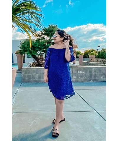 Womens Summer Dresses Off The Shoulder Crochet Lace Casual Loose Flowy Shift Dress Short Sundresses Royal Blue 02 $16.49 Dresses