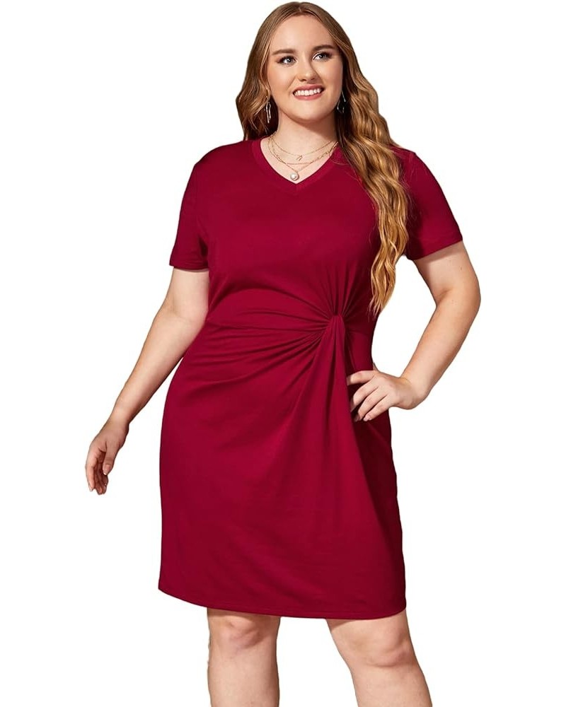 Women's Plus Size Twist Front Short Sleeve V Neck Bodycon T Shirt Dress Burgundy $11.01 Dresses