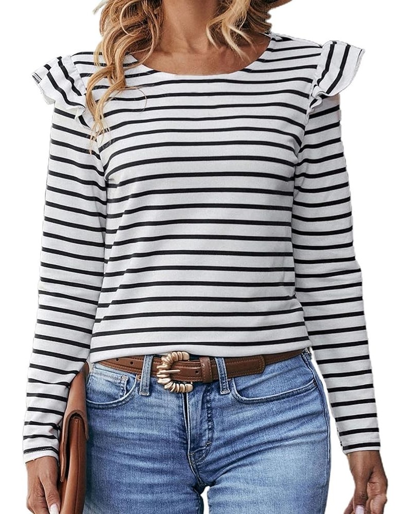 Womens Long Sleeve Striped Shirt Ruffle Top Loose Fit Tee Crew Neck T-Shirts Back Button White Striped $13.63 T-Shirts