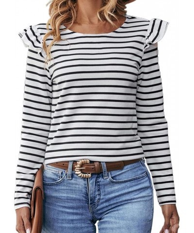 Womens Long Sleeve Striped Shirt Ruffle Top Loose Fit Tee Crew Neck T-Shirts Back Button White Striped $13.63 T-Shirts