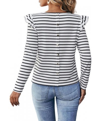 Womens Long Sleeve Striped Shirt Ruffle Top Loose Fit Tee Crew Neck T-Shirts Back Button White Striped $13.63 T-Shirts