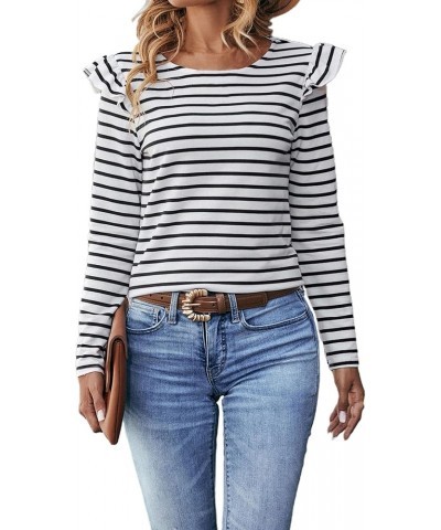 Womens Long Sleeve Striped Shirt Ruffle Top Loose Fit Tee Crew Neck T-Shirts Back Button White Striped $13.63 T-Shirts