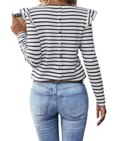 Womens Long Sleeve Striped Shirt Ruffle Top Loose Fit Tee Crew Neck T-Shirts Back Button White Striped $13.63 T-Shirts