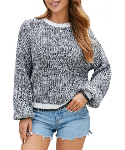 Women's Round Neck Color Block Knitted Sweater Lantern Long Sleeve Oversized Ribbed Loose Casual Pullover 84_black $10.63 Swe...