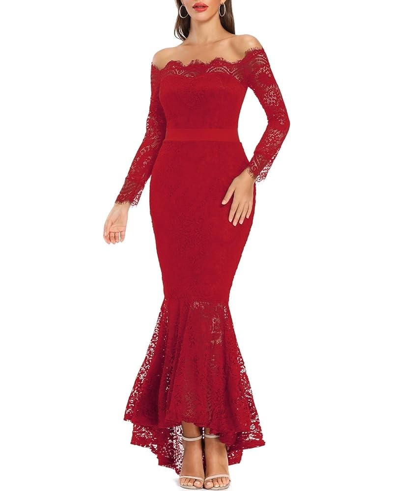 Women's Floral Lace Long Sleeve Off Shoulder Wedding Mermaid Dress Red $31.53 Dresses