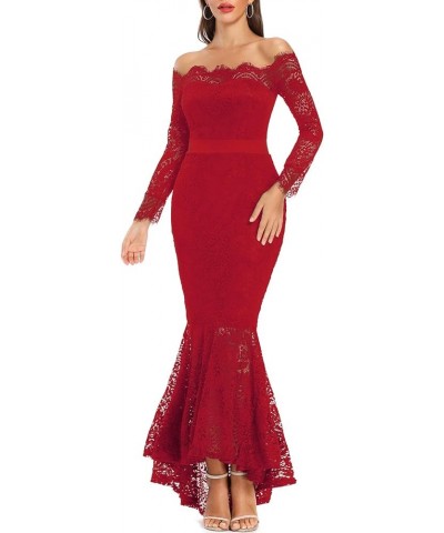 Women's Floral Lace Long Sleeve Off Shoulder Wedding Mermaid Dress Red $31.53 Dresses