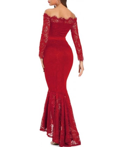 Women's Floral Lace Long Sleeve Off Shoulder Wedding Mermaid Dress Red $31.53 Dresses