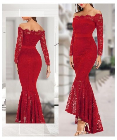 Women's Floral Lace Long Sleeve Off Shoulder Wedding Mermaid Dress Red $31.53 Dresses