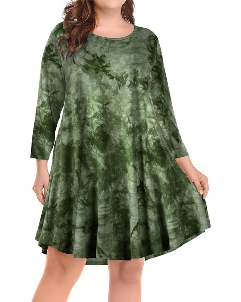 Womens Fall Dresses 3/4 Sleeve Casual Swing T-Shirt Dress Plus Size Loose Tunic Dress Tie Dye Green $10.50 Dresses