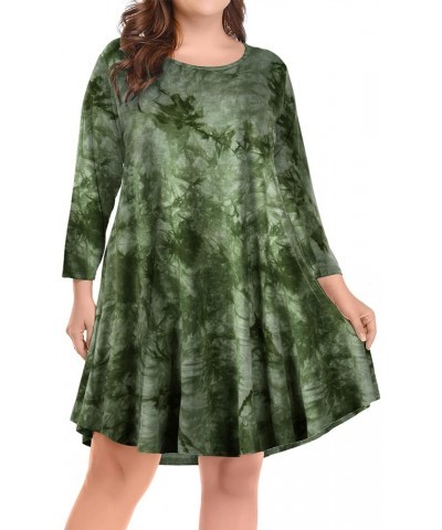 Womens Fall Dresses 3/4 Sleeve Casual Swing T-Shirt Dress Plus Size Loose Tunic Dress Tie Dye Green $10.50 Dresses