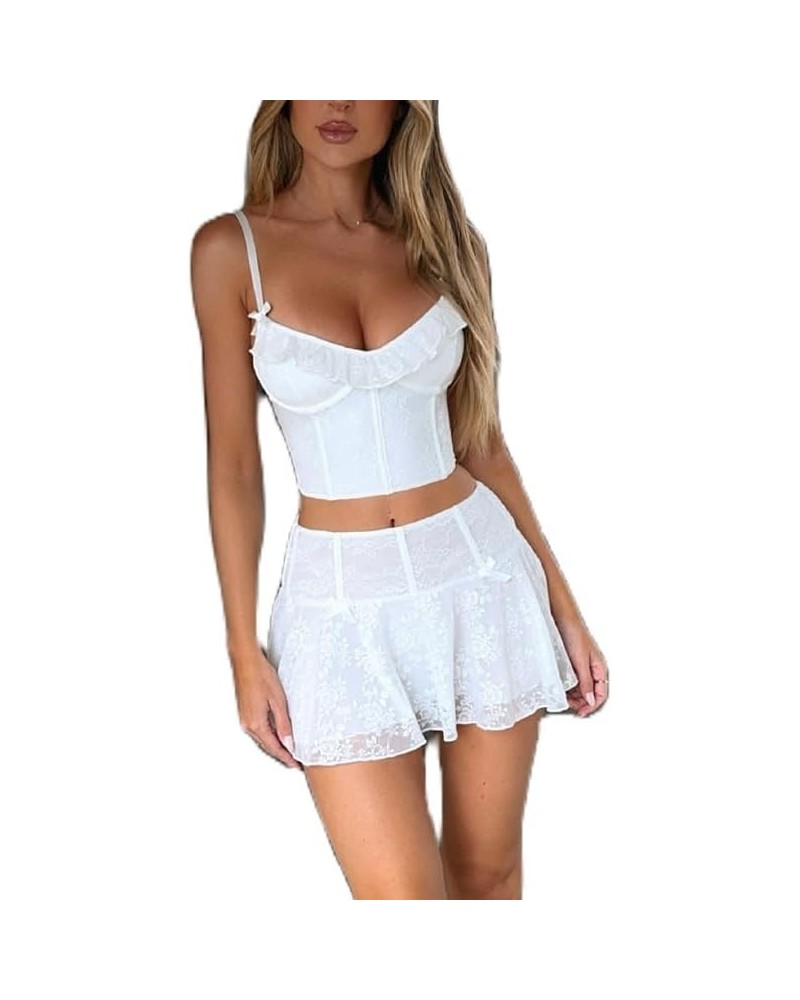 Women Y2K Lace Trim 2 Piece Skirt Set Floral Lace Slim Fit Crop Tops Low Waist Ruffle Bodycon Mini Skirt Outfit Za-white Two ...