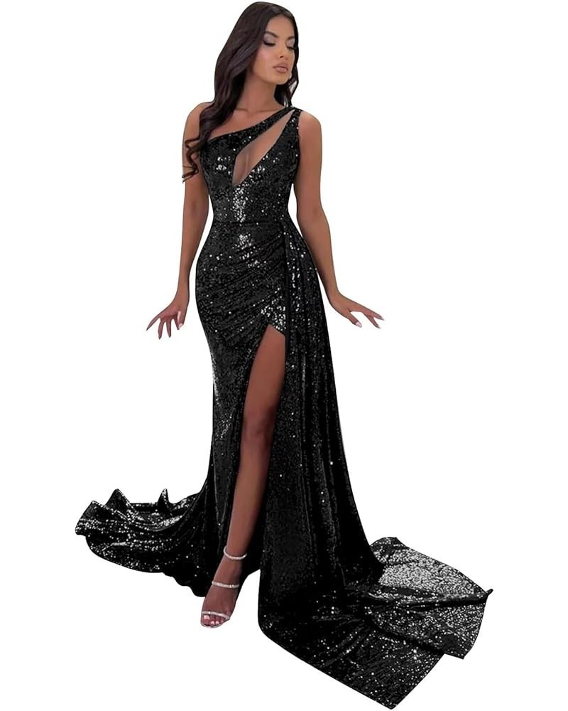 One Shoulder Sequin Prom Dresses for Women Sparkly Mermaid Cutout Formal Evening Gown Black $42.50 Dresses