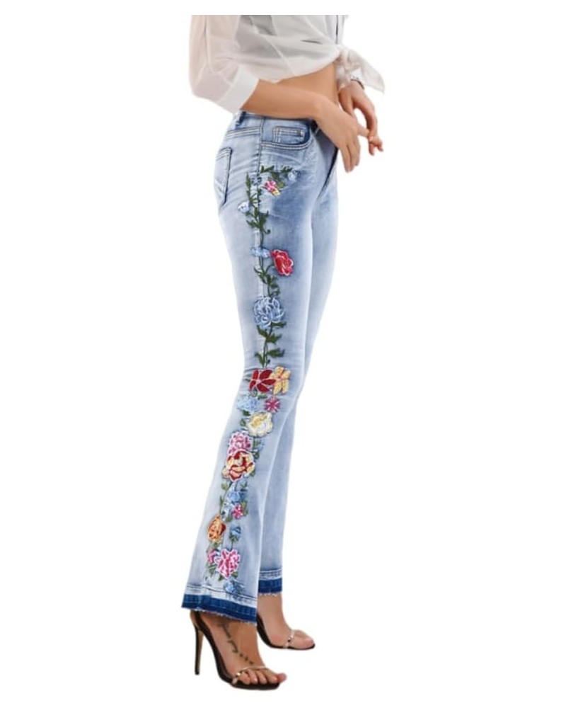 Womens Floral Embroidered High Waisted Flare Bell Bottom Jeans 70s Outfits Bootcut Jeans Wide Leg Long Denim Pants 02-light B...