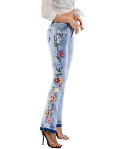 Womens Floral Embroidered High Waisted Flare Bell Bottom Jeans 70s Outfits Bootcut Jeans Wide Leg Long Denim Pants 02-light B...